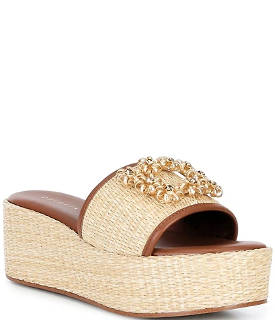 Cecelia New York Generous Raffia Platform Slide Wedge Sandals