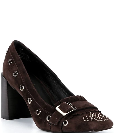 Cecelia New York Gina Studded Suede Kiltie Buckle Hardware Block Heel Pumps