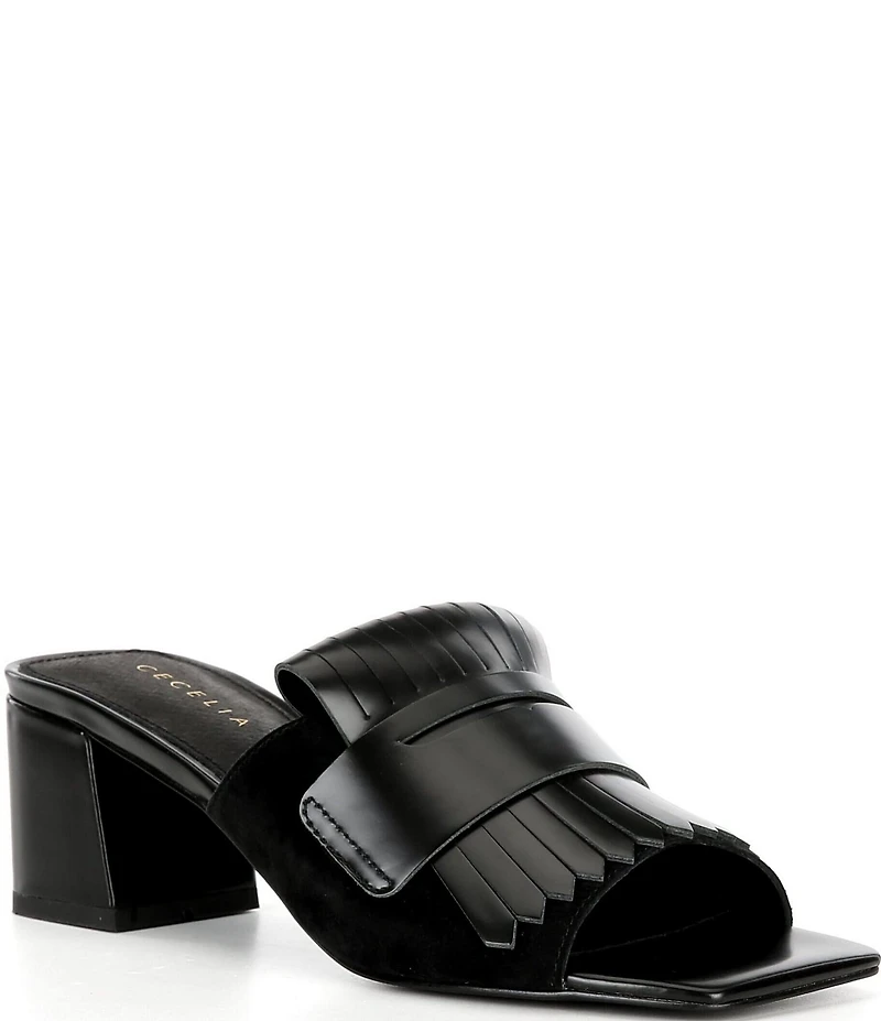 Cecelia New York Hooper Leather Kiltie Penny Keeper Block Heel Slide Sandals