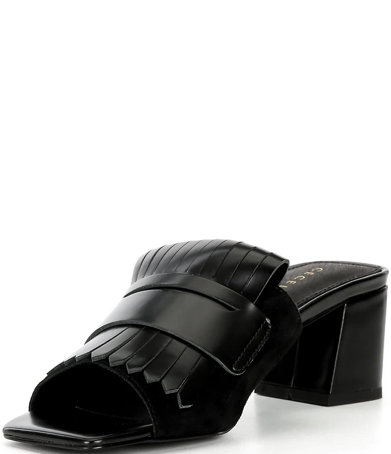 Cecelia New York Hooper Leather Kiltie Penny Keeper Block Heel Slide Sandals