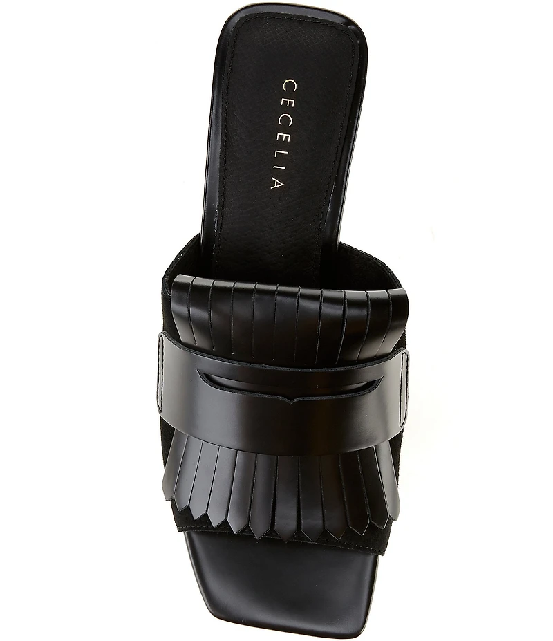 Cecelia New York Hooper Leather Kiltie Penny Keeper Block Heel Slide Sandals