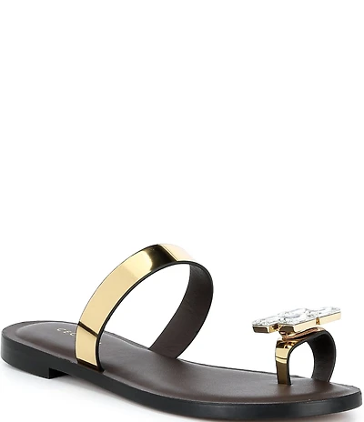 Cecelia New York Leather Rhinestone Ornamented Toe Ring Slip On Flat Sandals