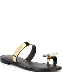 Cecelia New York Leather Rhinestone Ornamented Toe Ring Slip On Flat Sandals