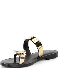 Cecelia New York Leather Rhinestone Ornamented Toe Ring Slip On Flat Sandals