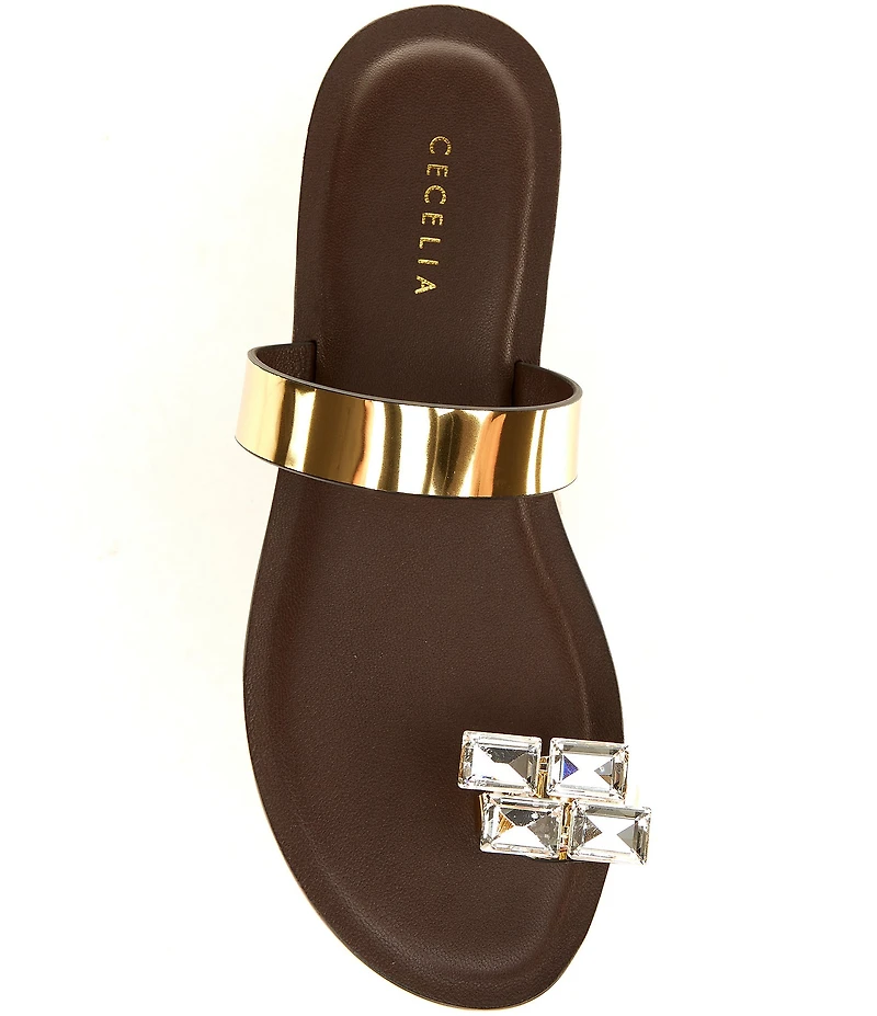 Cecelia New York Leather Rhinestone Ornamented Toe Ring Slip On Flat Sandals
