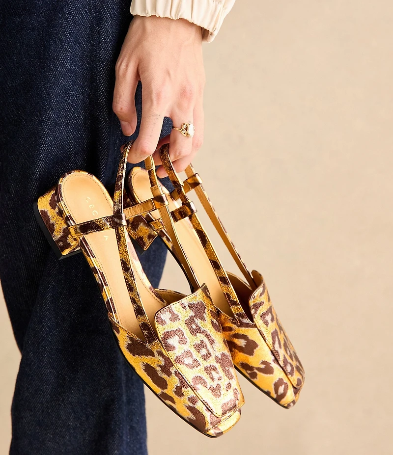 Cecelia New York Monty Leopard Print Patent Leather Slingback Peep Toe Loafers