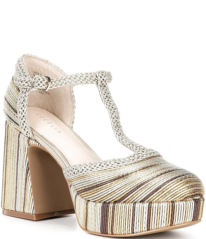 Cecelia New York Novice Metallic Leather Braided Platform T-Strap Block Heel Pumps