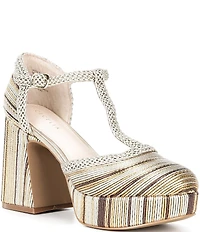 Cecelia New York Novice Metallic Leather Braided Platform T-Strap Block Heel Pumps