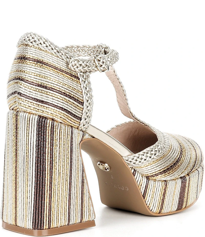 Cecelia New York Novice Metallic Leather Braided Platform T-Strap Block Heel Pumps