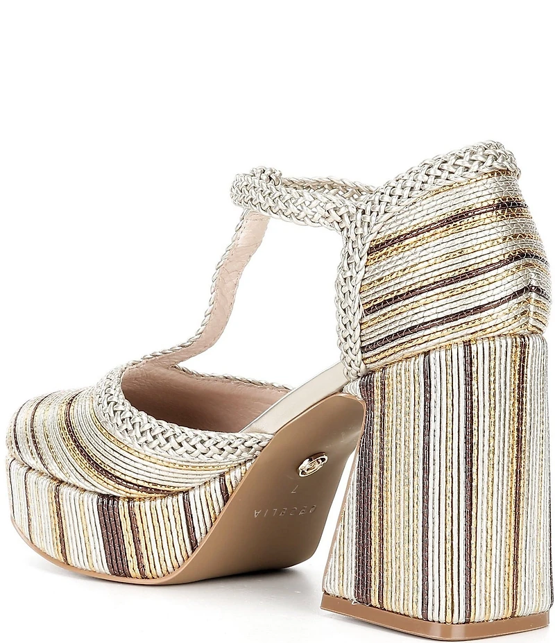 Cecelia New York Novice Metallic Leather Braided Platform T-Strap Block Heel Pumps