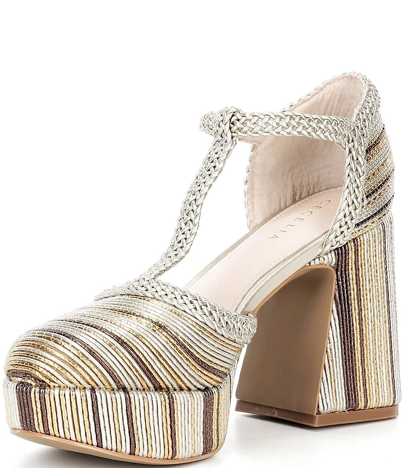 Cecelia New York Novice Metallic Leather Braided Platform T-Strap Block Heel Pumps