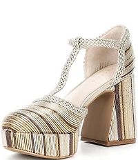 Cecelia New York Novice Metallic Leather Braided Platform T-Strap Block Heel Pumps