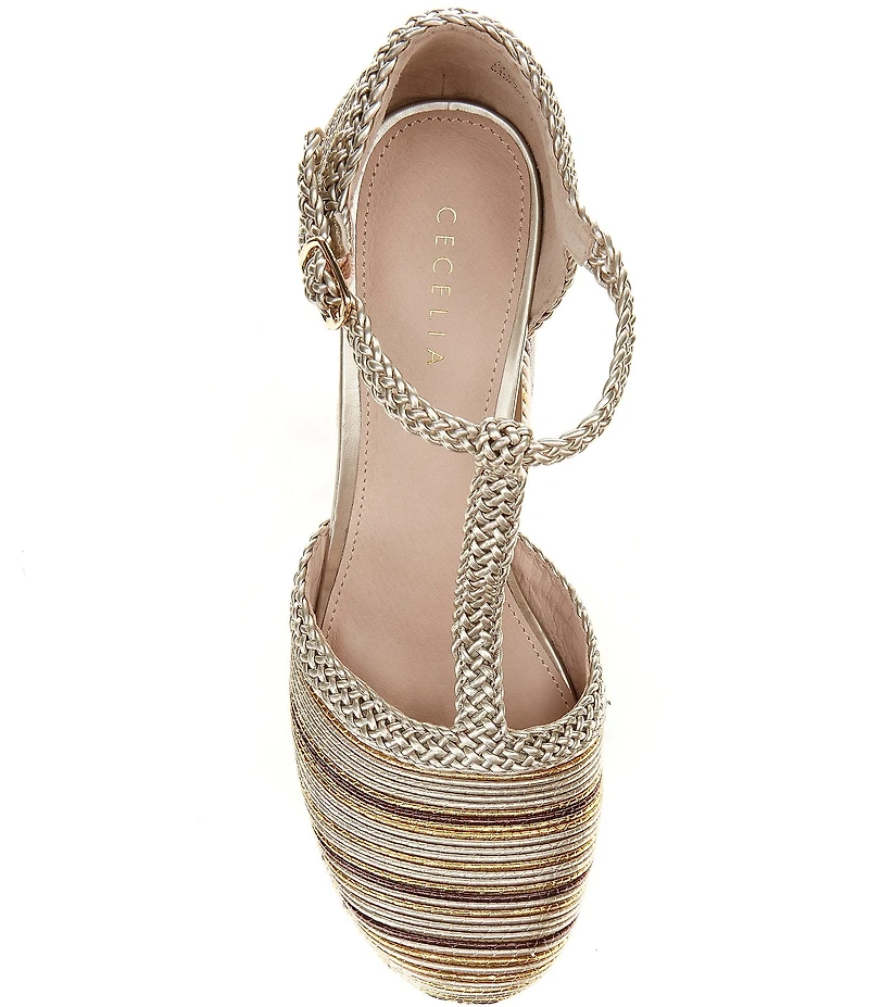 Cecelia New York Novice Metallic Leather Braided Platform T-Strap Block Heel Pumps