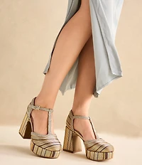 Cecelia New York Novice Metallic Leather Braided Platform T-Strap Block Heel Pumps