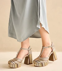 Cecelia New York Novice Metallic Leather Braided Platform T-Strap Block Heel Pumps