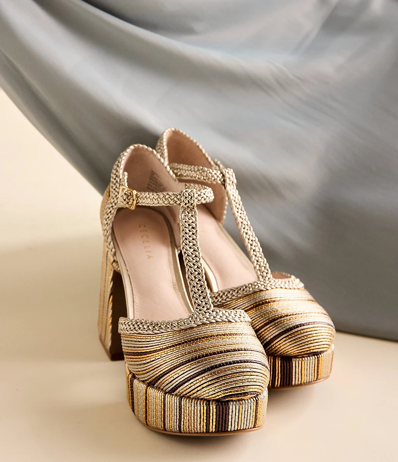 Cecelia New York Novice Metallic Leather Braided Platform T-Strap Block Heel Pumps