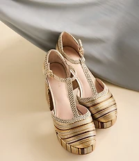 Cecelia New York Novice Metallic Leather Braided Platform T-Strap Block Heel Pumps