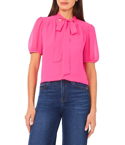CeCeTie Neck Short Puff Sleeve Blouse