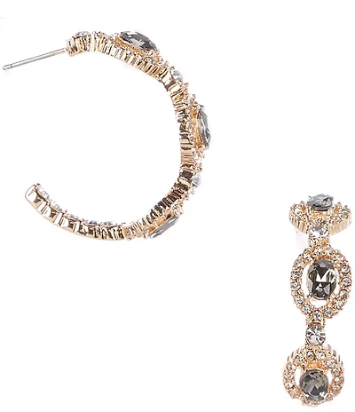 Cezanne Black Diamond Oval Stone Crystal Pave Halo Hoop Earrings