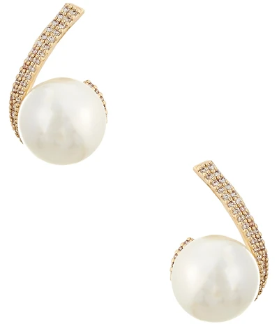 Cezanne Crystal CZ Pave Delicate Curved Metal Pearl Drop Earrings