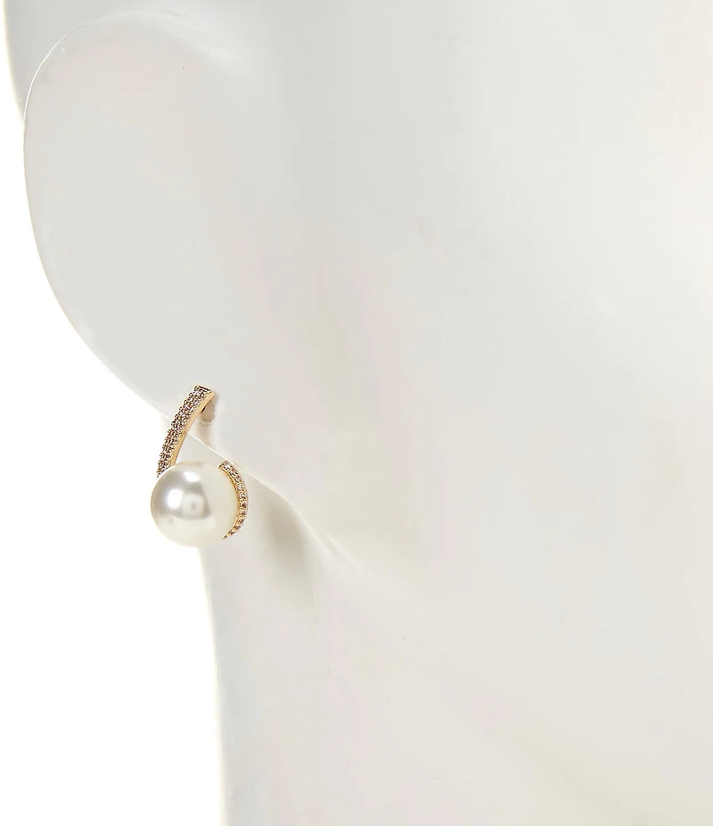 Cezanne Crystal CZ Pave Delicate Curved Metal Pearl Drop Earrings