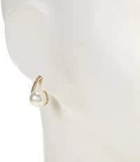 Cezanne Crystal CZ Pave Delicate Curved Metal Pearl Drop Earrings