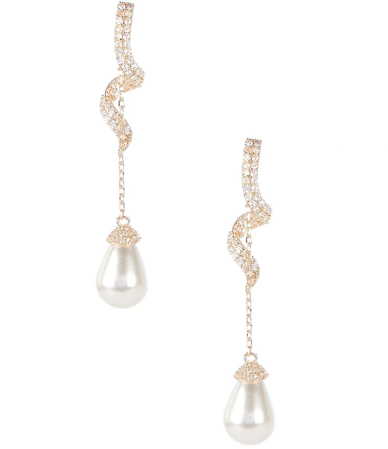 Cezanne Crystal CZ Swirl Metal Pearl Teardrop Linear Earrings