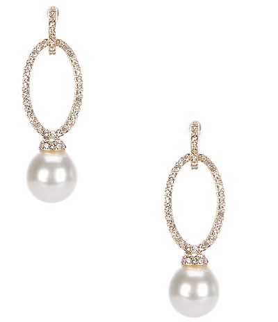 Cezanne Crystal Pave Oval Open Metal Pearl Orbital Drop Earrings
