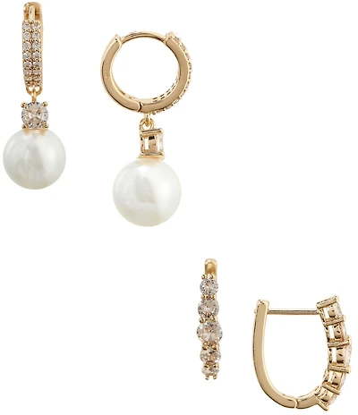 Cezanne CZ Pave Pearl Drop & Oval Huggie Hoop Earring Set