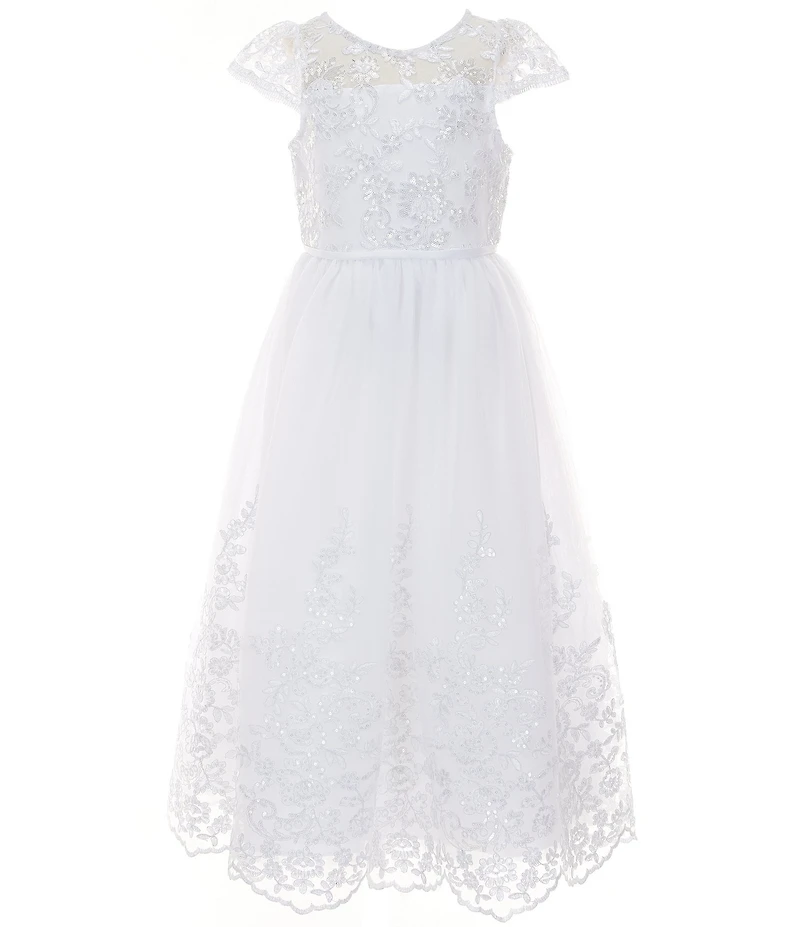 Chantilly Place Big Girls Cap-Sleeve Sequin-Embellished Embroidered/Mesh-Skirted Ballgown