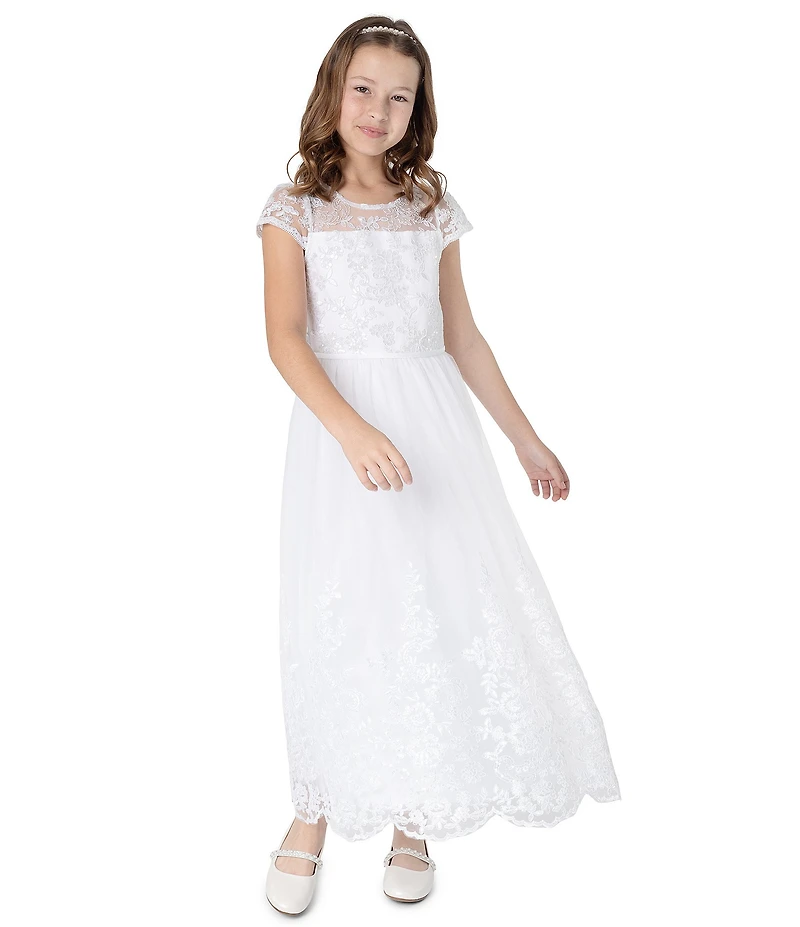 Chantilly Place Big Girls Cap-Sleeve Sequin-Embellished Embroidered/Mesh-Skirted Ballgown