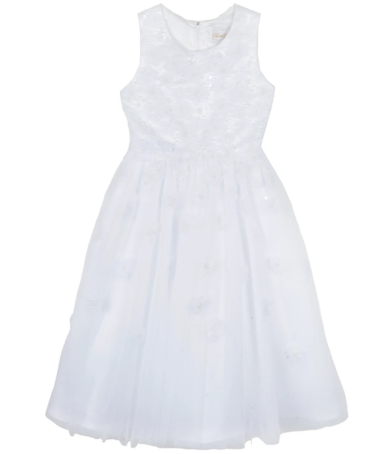 Chantilly Place Big Girls Sleeveless Three-Dimensional Flower-Appliqued Bodice/Mesh-Overlay Skirted Dress