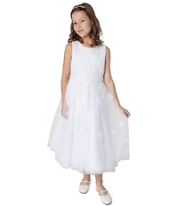 Chantilly Place Big Girls Sleeveless Three-Dimensional Flower-Appliqued Bodice/Mesh-Overlay Skirted Dress