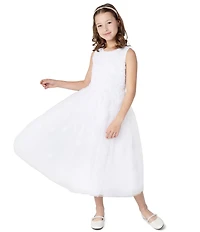 Chantilly Place Big Girls Sleeveless Three-Dimensional Flower-Appliqued Bodice/Mesh-Overlay Skirted Dress