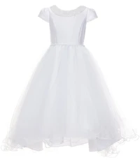Chantilly Place Big Girls Cap Sleeve Faux Pearl Trimmed High-Low Hem Communion Dress