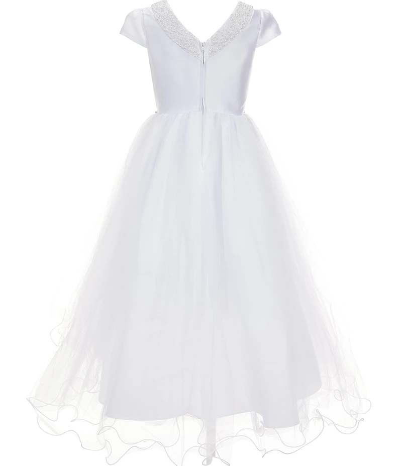 Chantilly Place Big Girls Cap Sleeve Faux Pearl Trimmed High-Low Hem Communion Dress