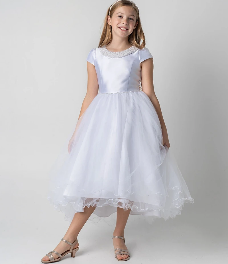Chantilly Place Big Girls Cap Sleeve Faux Pearl Trimmed High-Low Hem Communion Dress