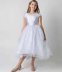 Chantilly Place Big Girls Cap Sleeve Faux Pearl Trimmed High-Low Hem Communion Dress