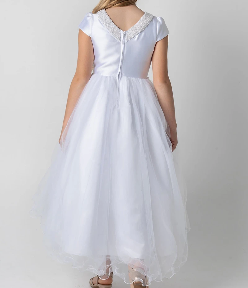 Chantilly Place Big Girls Cap Sleeve Faux Pearl Trimmed High-Low Hem Communion Dress