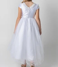 Chantilly Place Big Girls Cap Sleeve Faux Pearl Trimmed High-Low Hem Communion Dress