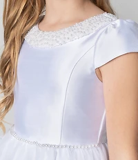 Chantilly Place Big Girls Cap Sleeve Faux Pearl Trimmed High-Low Hem Communion Dress