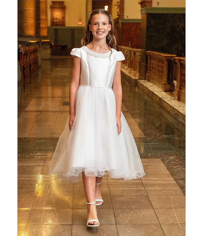 Chantilly Place Big Girls Cap Sleeve Faux Pearl Trimmed High-Low Hem Communion Dress