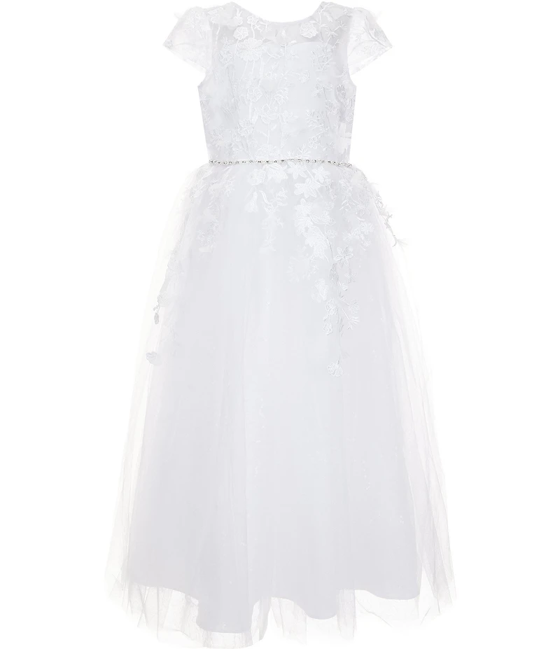Chantilly Place Big Girls Floral Soutache Embroidered Illusion Detailed Sheer Overlay Communion Dress