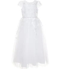 Chantilly Place Big Girls Floral Soutache Embroidered Illusion Detailed Sheer Overlay Communion Dress