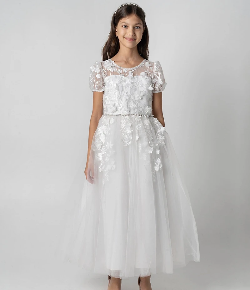 Chantilly Place Big Girls Floral Soutache Embroidered Illusion Detailed Sheer Overlay Communion Dress