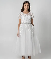 Chantilly Place Big Girls Floral Soutache Embroidered Illusion Detailed Sheer Overlay Communion Dress