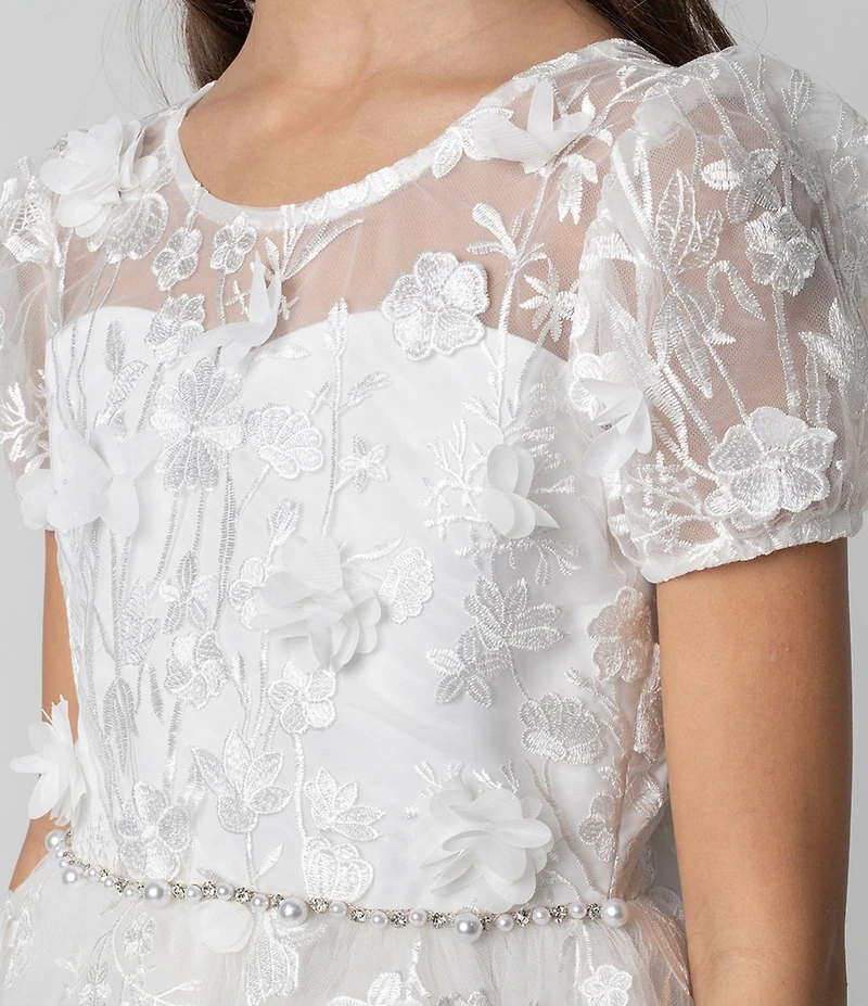 Chantilly Place Big Girls Floral Soutache Embroidered Illusion Detailed Sheer Overlay Communion Dress