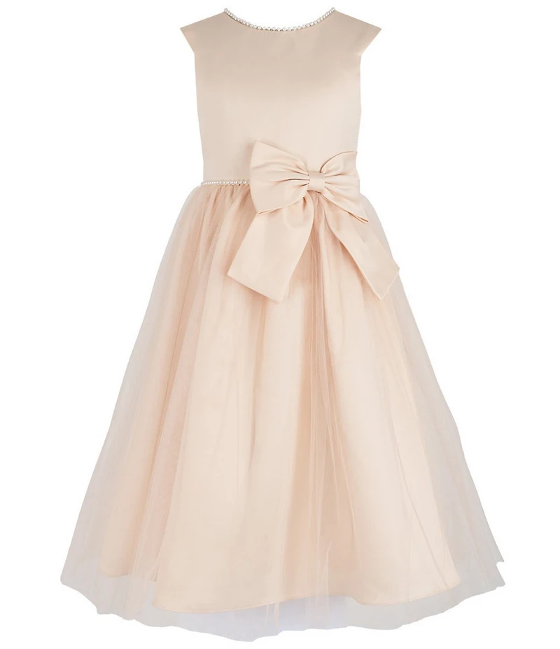 Chantilly Place Big Girls Satin Cap Sleeve Bow And Pearl Trim Mesh Shirred Long Skirt Dress