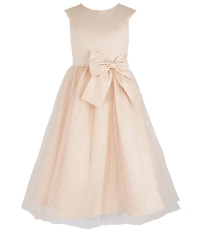 Chantilly Place Big Girls Satin Cap Sleeve Bow And Pearl Trim Mesh Shirred Long Skirt Dress