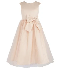 Chantilly Place Big Girls Satin Cap Sleeve Bow And Pearl Trim Mesh Shirred Long Skirt Dress